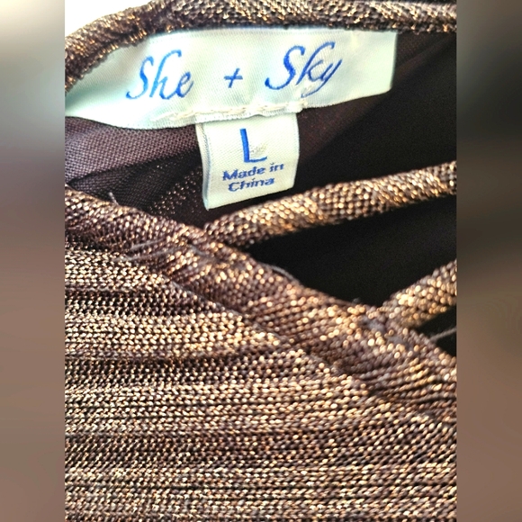 She + Sky Bronze Metallic Gold Brown Ribbed Swing Strappy Back Dress Size Large - Picture 8 of 11